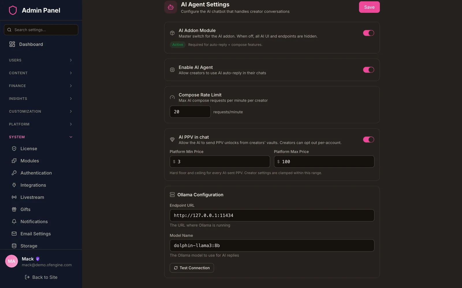Admin AI agent settings with the AI add-on toggle, auto-reply agent, compose rate limit, AI PPV in chat with platform minimum and maximum price, and a model endpoint field