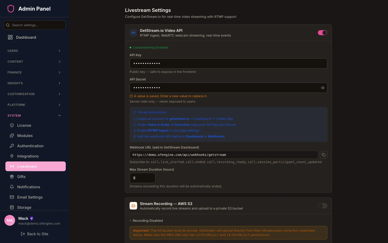 Admin livestream settings with GetStream video API keys masked, a webhook URL, a maximum stream duration setting and an optional recording to S3 toggle