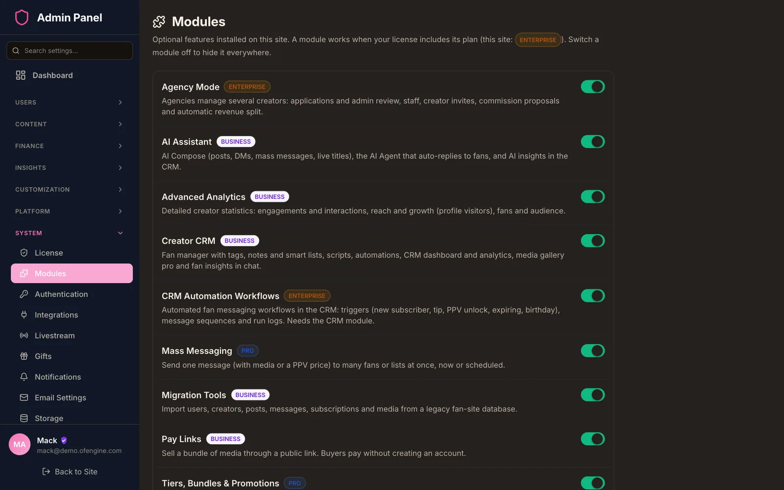 Admin Modules page listing optional features with plan badges and on/off toggles, including Mass Messaging (Pro), Pay Links (Business) described as selling a bundle of media through a public link without an account, and Tiers, Bundles and Promotions (Pro)