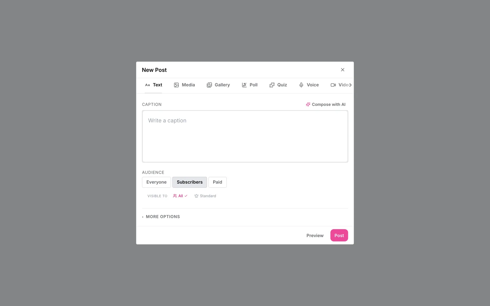 New post composer with Text, Media, Gallery, Poll, Quiz, Voice and Video tabs, a caption box with a Compose with AI button, and audience options Everyone, Subscribers and Paid