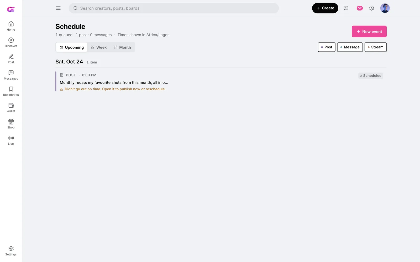 Schedule page with Upcoming, Week and Month views, Post, Message and Stream filters, a New event button and an empty state reading Your schedule is clear