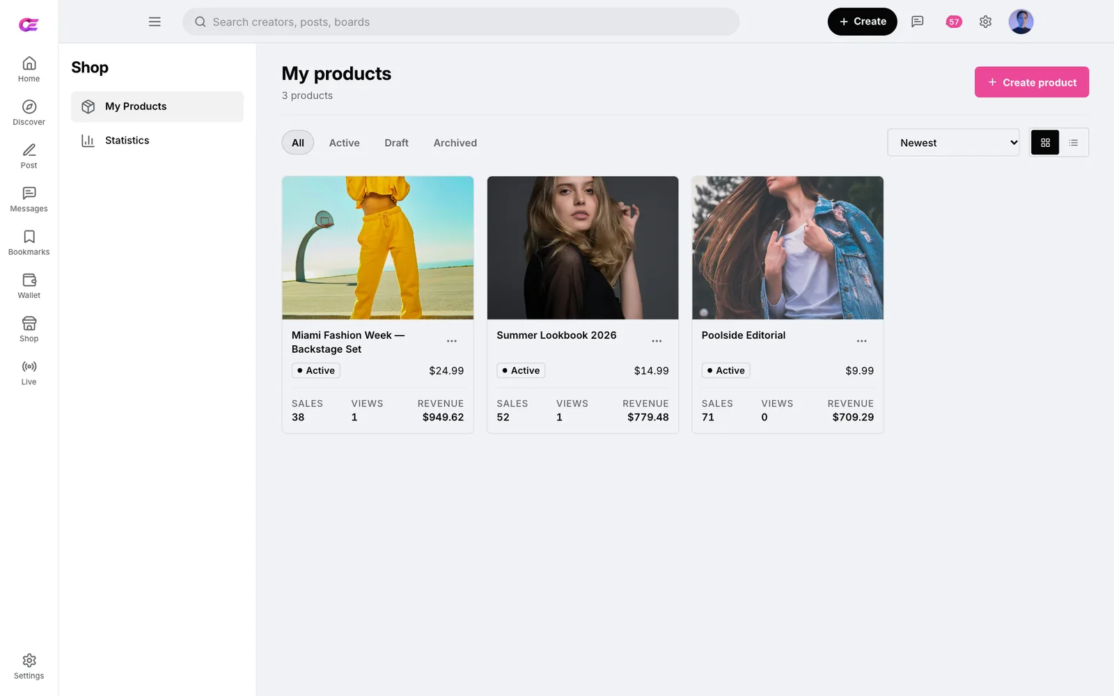 Creator shop My products page listing three digital products, each with an Active status, a price between $9.99 and $24.99, and sales, views and revenue counts