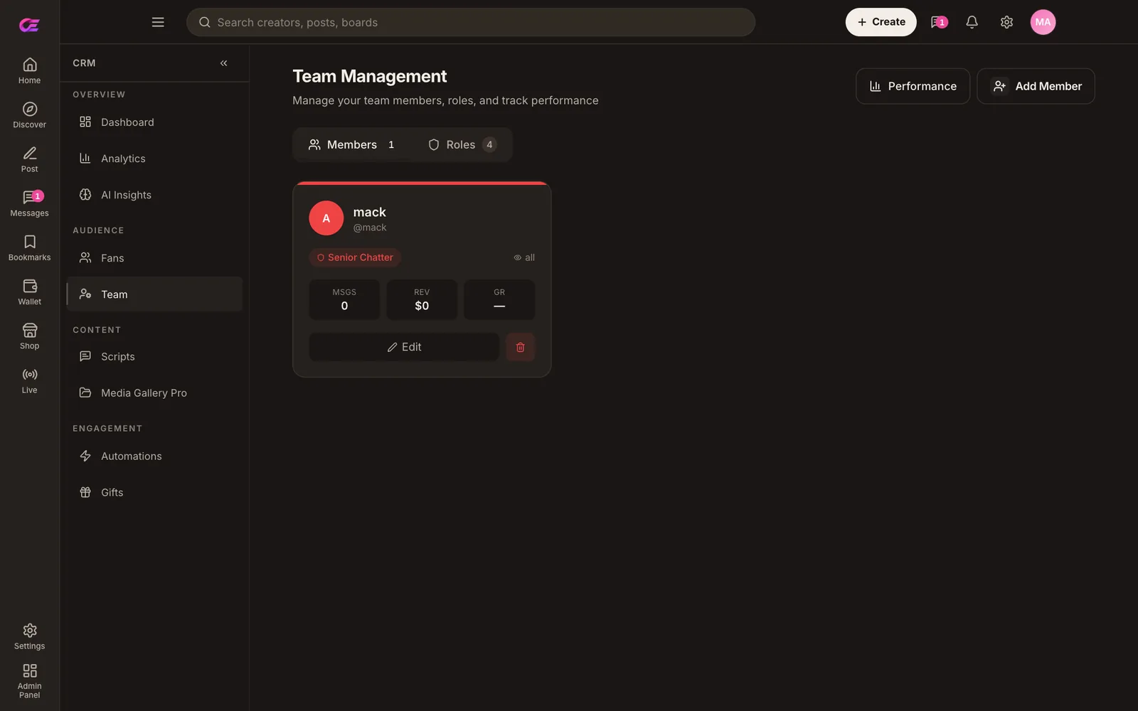 CRM team management screen with a team member card showing the role Senior Chatter, messages and revenue stats, Members and Roles tabs, a Performance tab and an Add member button