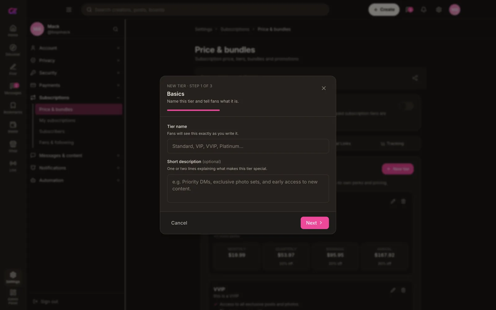 New tier modal at step 1 of 3 titled Basics, with a tier name field suggesting Standard, VIP, VVIP or Platinum and an optional short description field