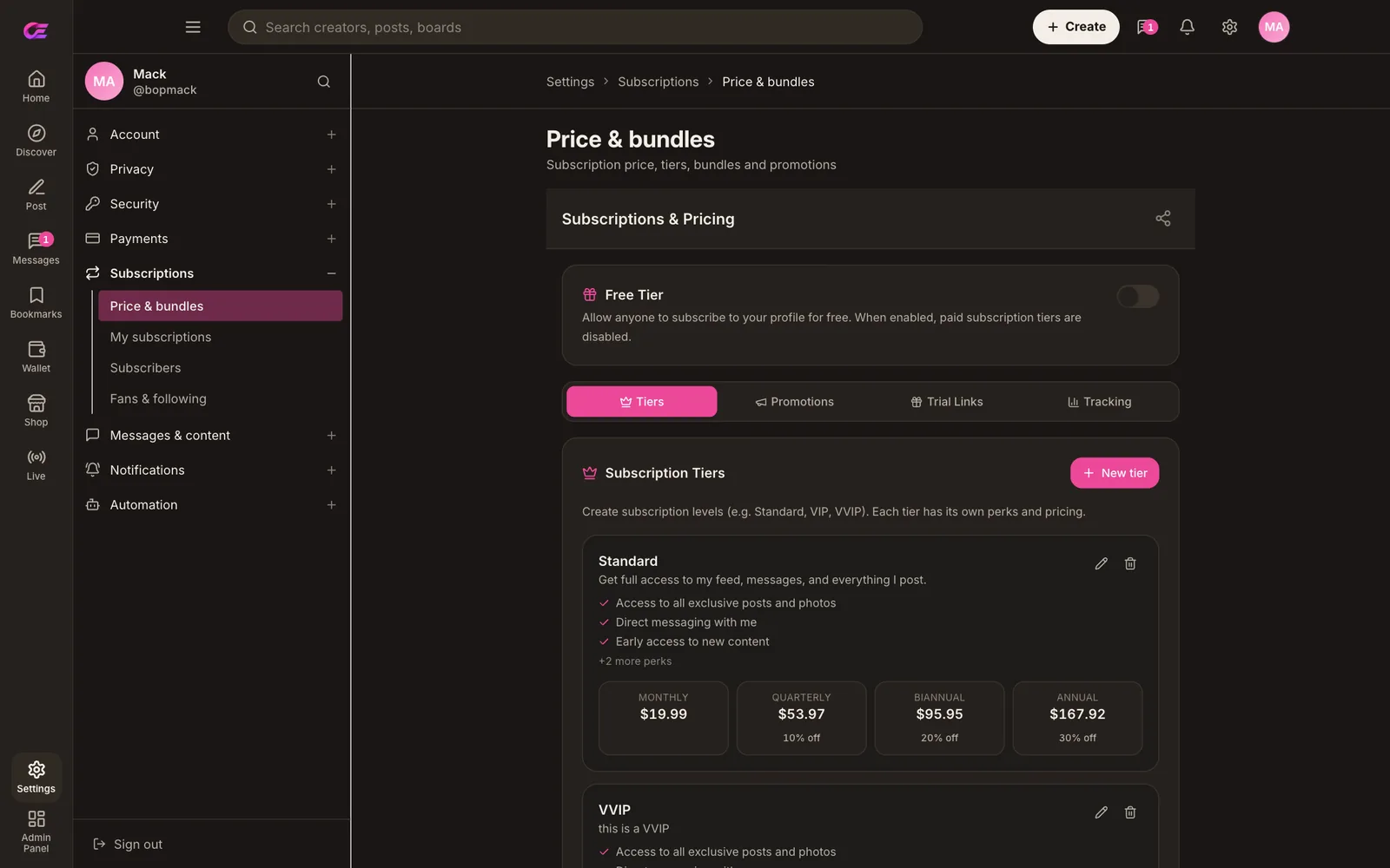 Creator Price and bundles page with a free-tier toggle, Tiers, Promotions, Trial Links and Tracking tabs, and a Standard tier priced $19.99 monthly, $53.97 quarterly at 10% off, $95.95 biannual at 20% off and $167.92 annual at 30% off