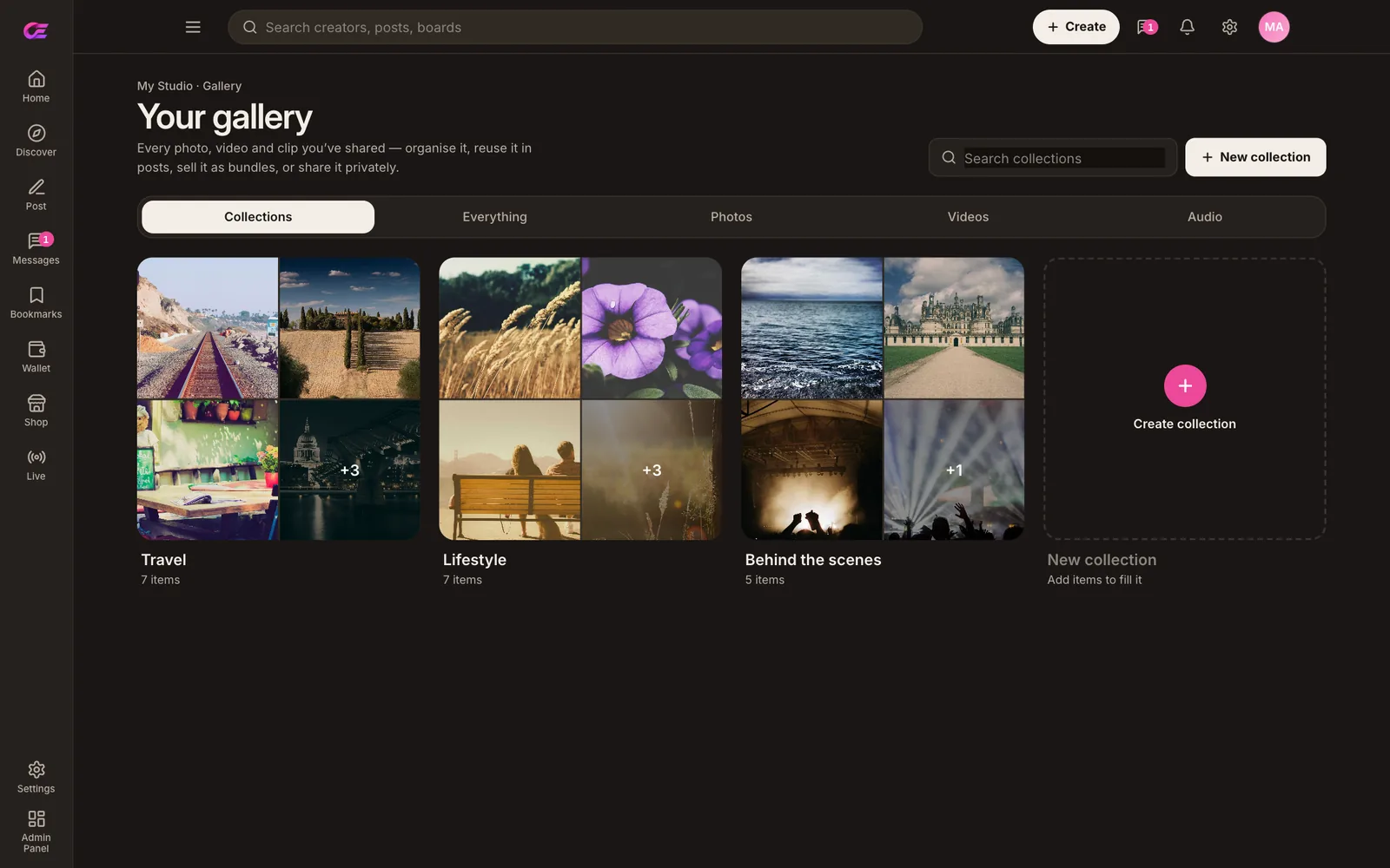 Creator gallery titled Your gallery with tabs for Collections, Everything, Photos, Videos and Audio, three collections named Travel with 7 items, Lifestyle with 7 items and Behind the scenes with 5 items, and a Create collection tile