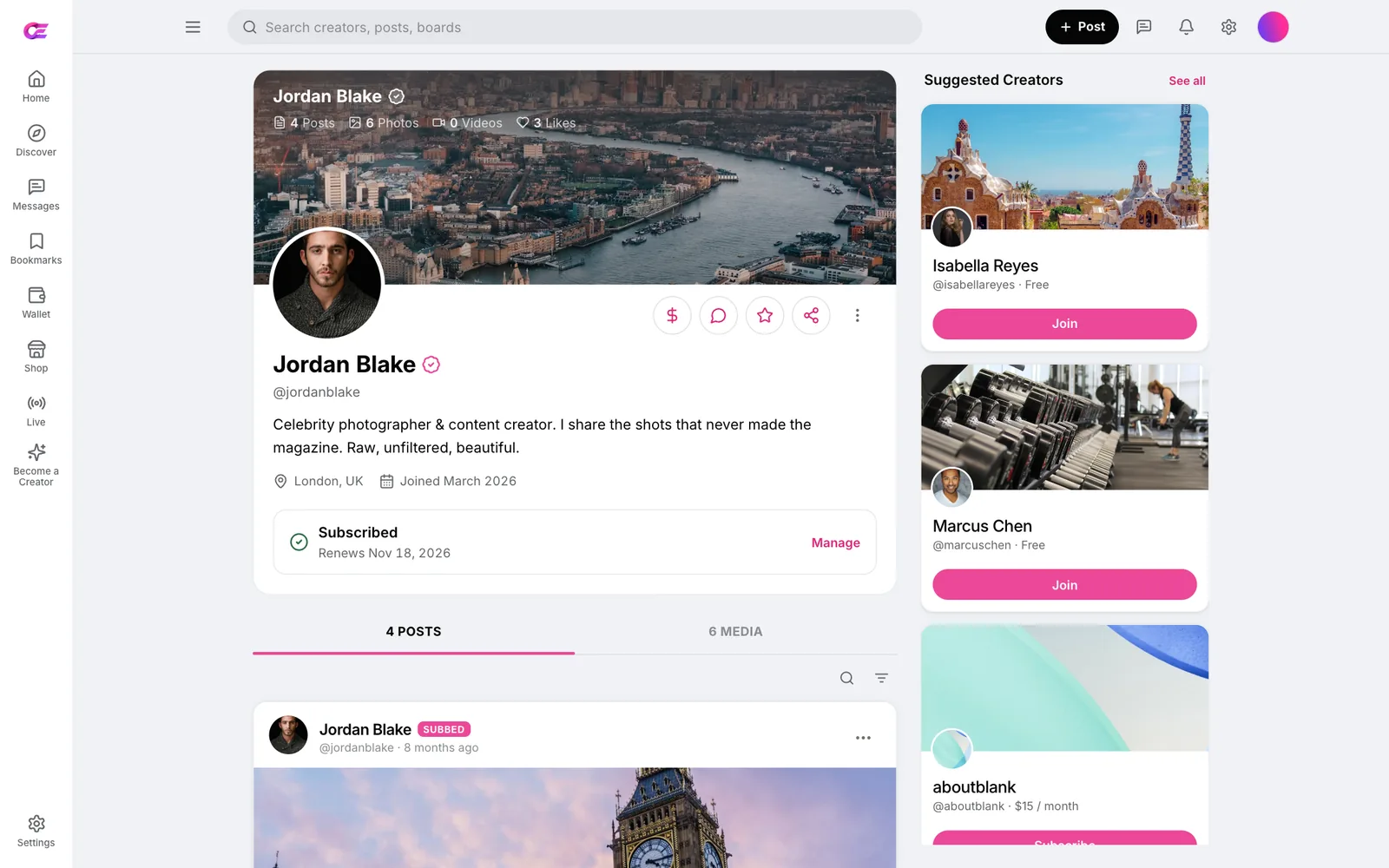 A fan's view of a creator page on OFEngine: cover image, avatar, bio, a Subscribed status, posts and media tabs, and a suggested creators rail. Demo data.
