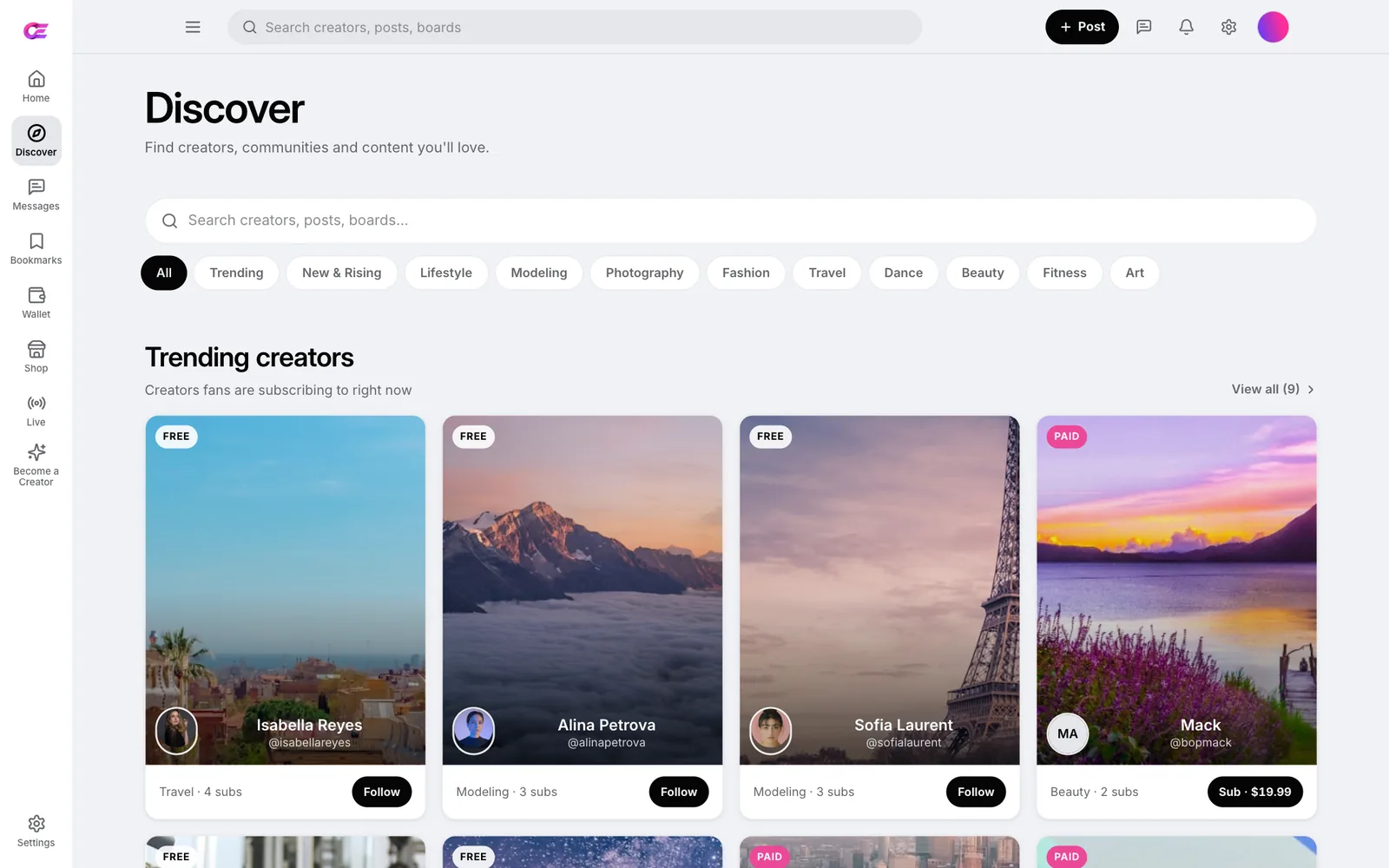 Discover page with a search box, topic chips for All, Trending, New and Rising, Lifestyle, Modeling, Photography, Fashion, Travel, Dance, Beauty, Fitness and Art, and Trending creators cards with Free and Paid badges and Follow or Sub buttons