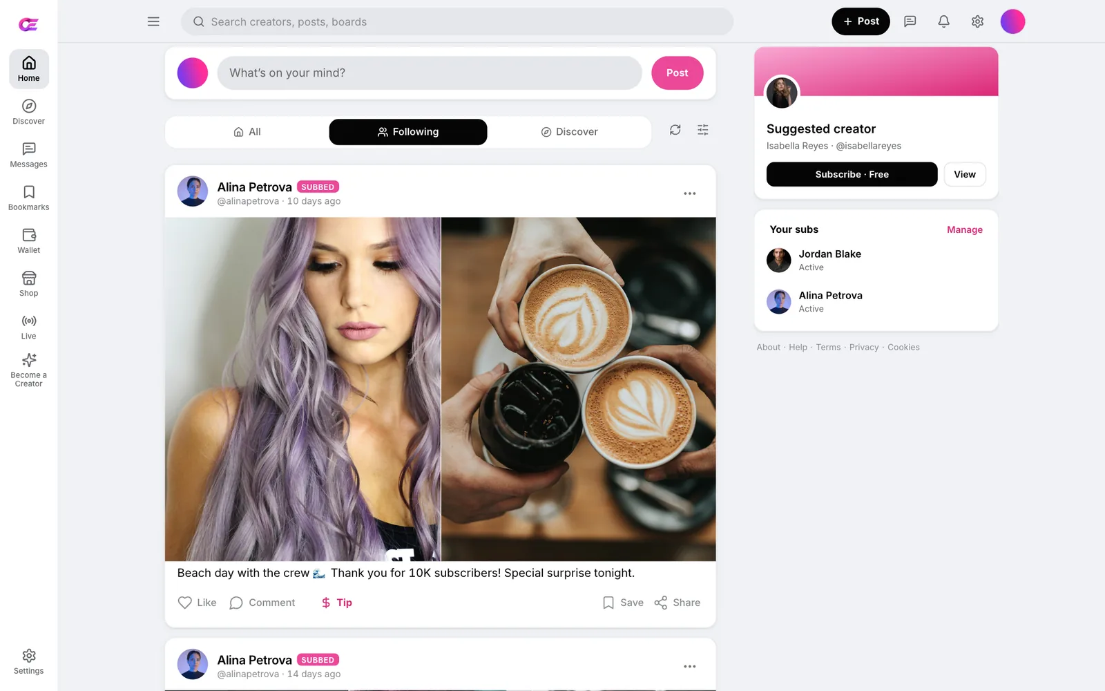 OFEngine fan home feed showing a post from creator Alina Petrova with an image gallery, Tip, Comment, Save and Share buttons, and a Your subs sidebar listing subscribed creators