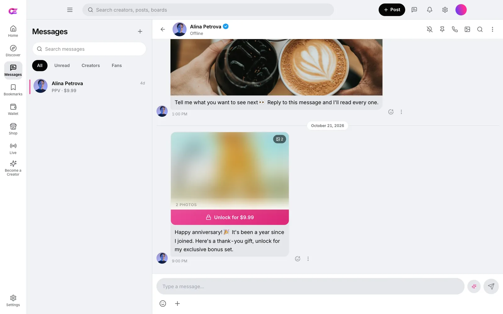 Chat between a fan and a creator showing a paid message offer reading 48-hour special, 40% off, displayed as unlocked, plus media messages