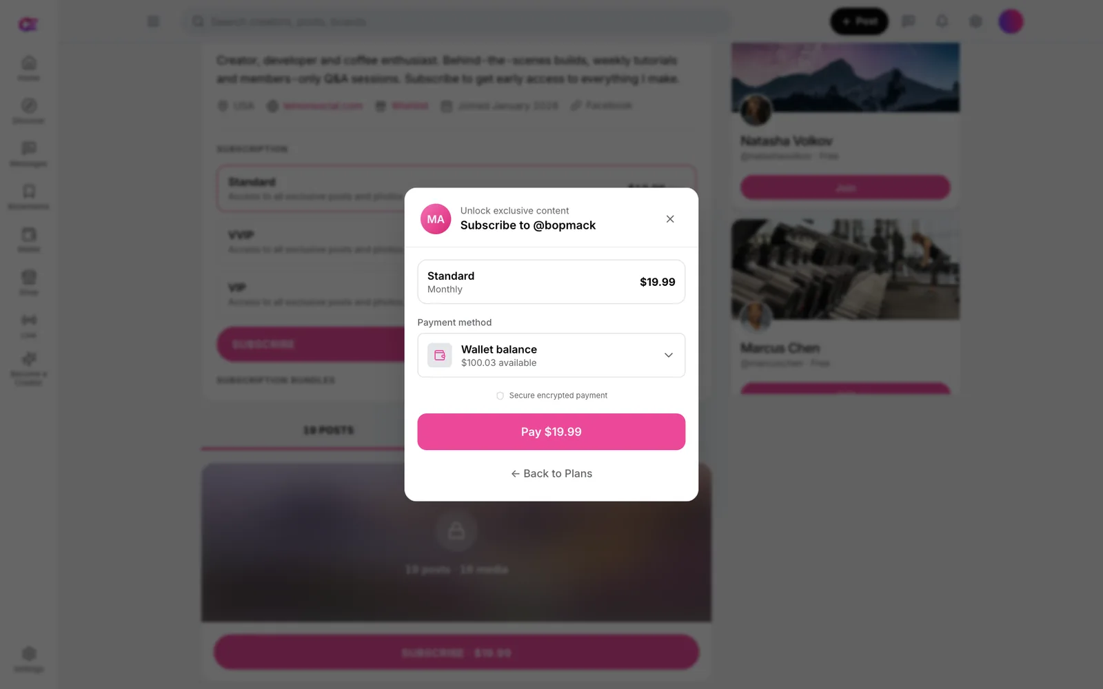 Subscribe checkout modal for a creator showing the Standard Monthly plan at $19.99, a payment method dropdown set to wallet balance, a Pay $19.99 button and a secure encrypted payment note