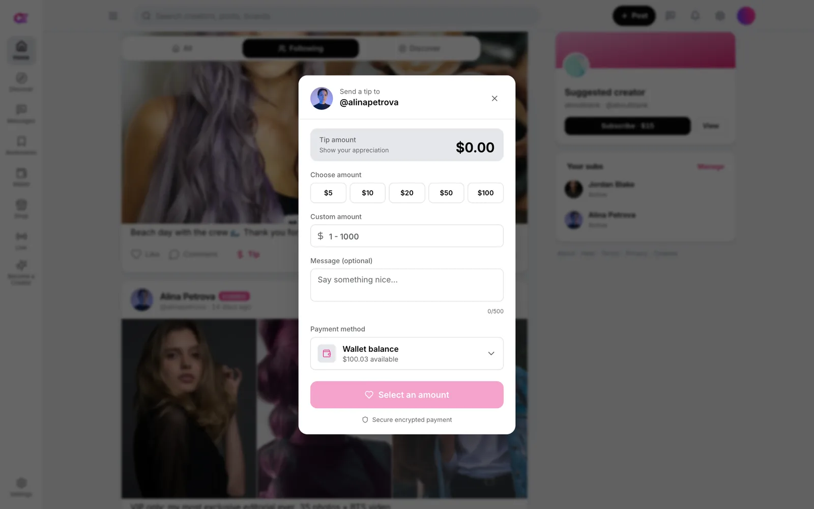 Tip modal with quick amounts of $5, $10, $20, $50 and $100, a custom amount field, an optional message box, wallet balance as the payment method and a secure payment note