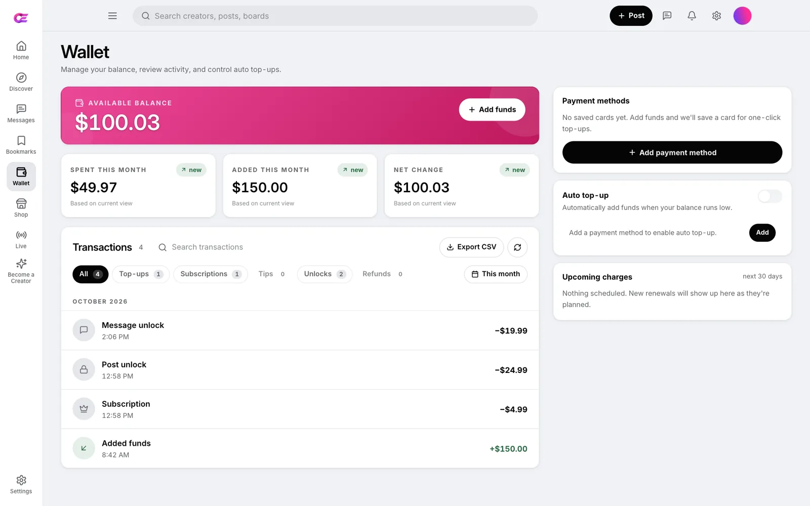 Fan wallet showing an available balance of $100.03, amounts spent and added this month, an auto top-up option and a transaction list with a message unlock, a post unlock, a subscription and added funds
