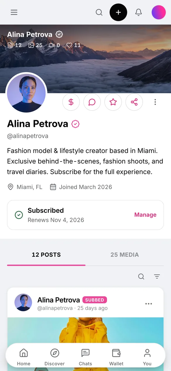 Creator page on a phone showing cover image, bio, a Subscribed status with renewal date, the posts tab and a bottom navigation bar with Home, Discover, Chats, Wallet and You
