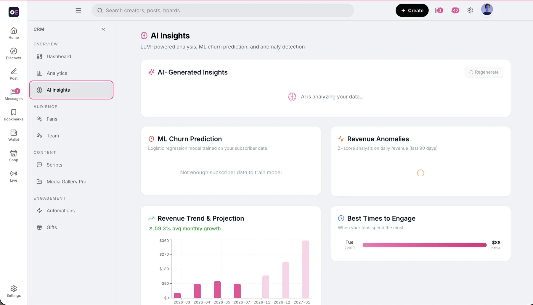 AI insights with churn prediction and revenue trends