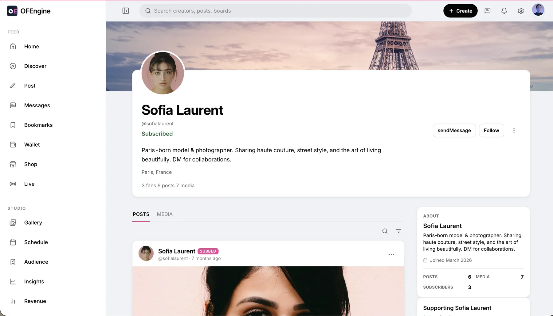Creator profile page with subscribe button