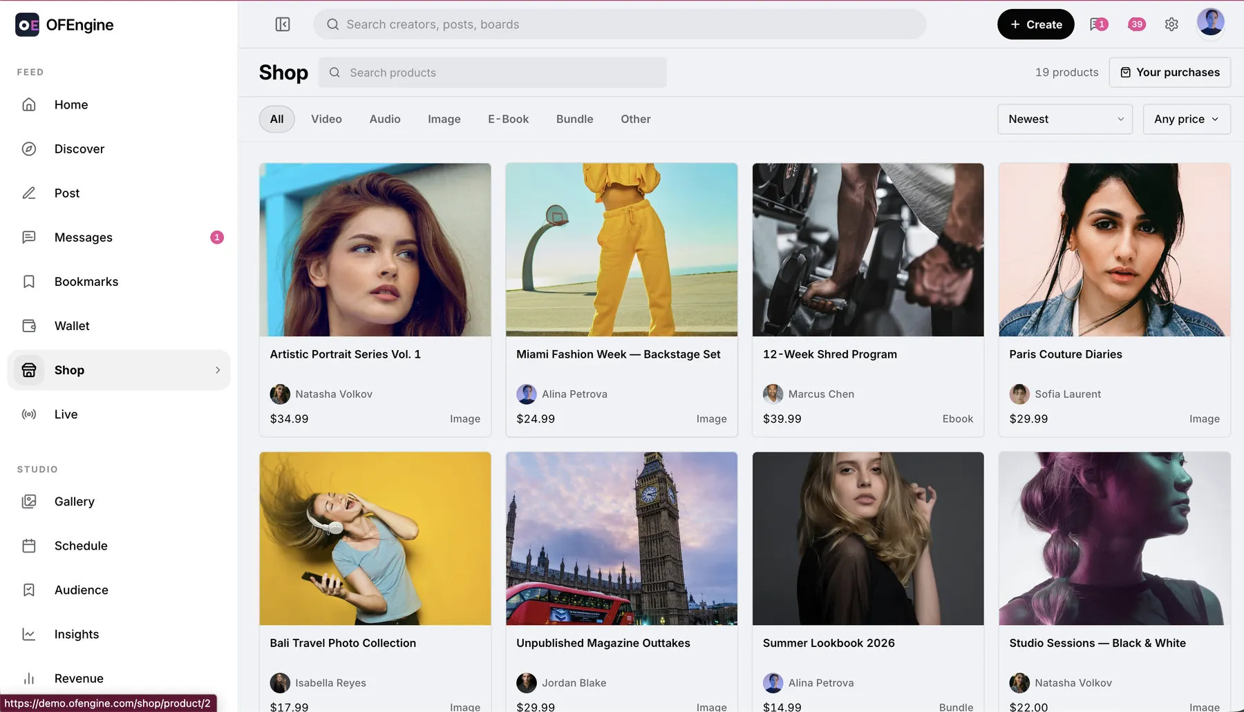 Creator shop selling digital products