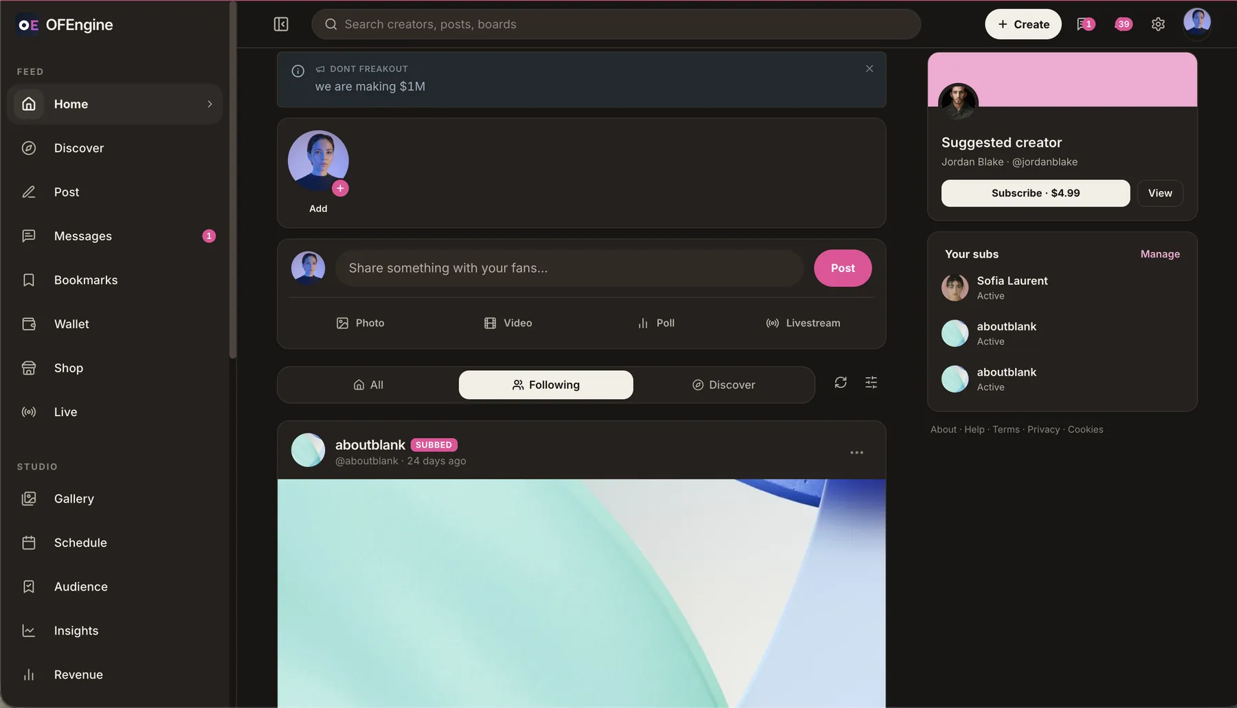 Patreon clone home feed in dark mode