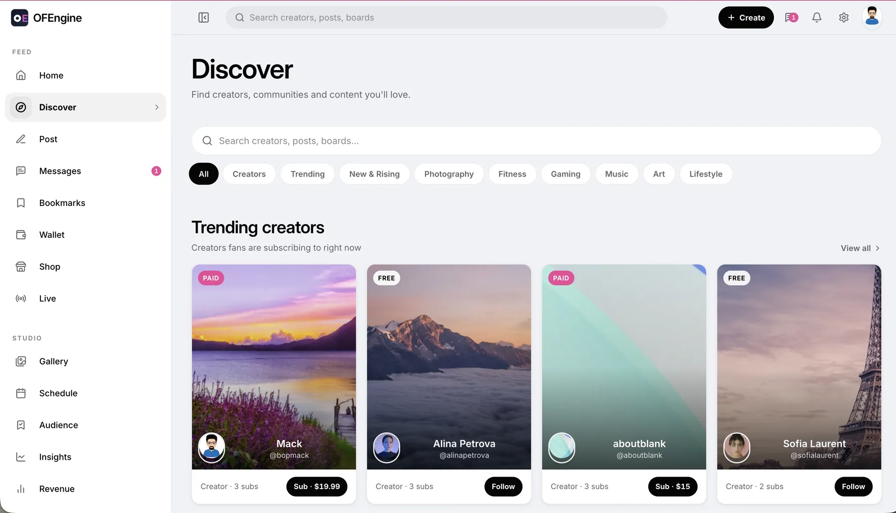 Discover page with trending creators