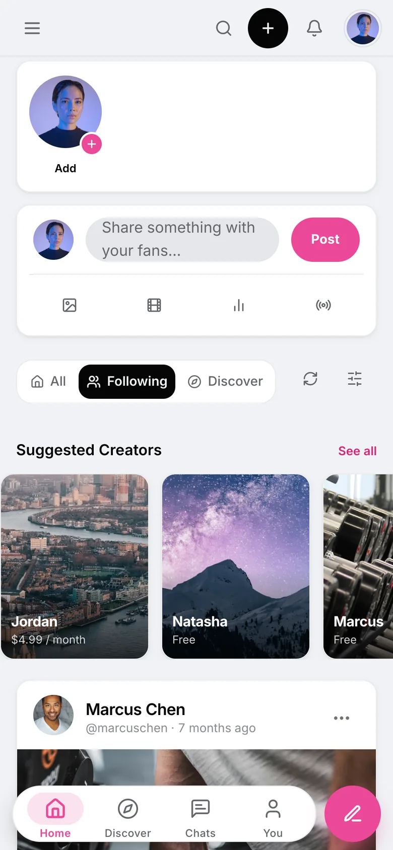 Patreon clone home feed on mobile in light mode