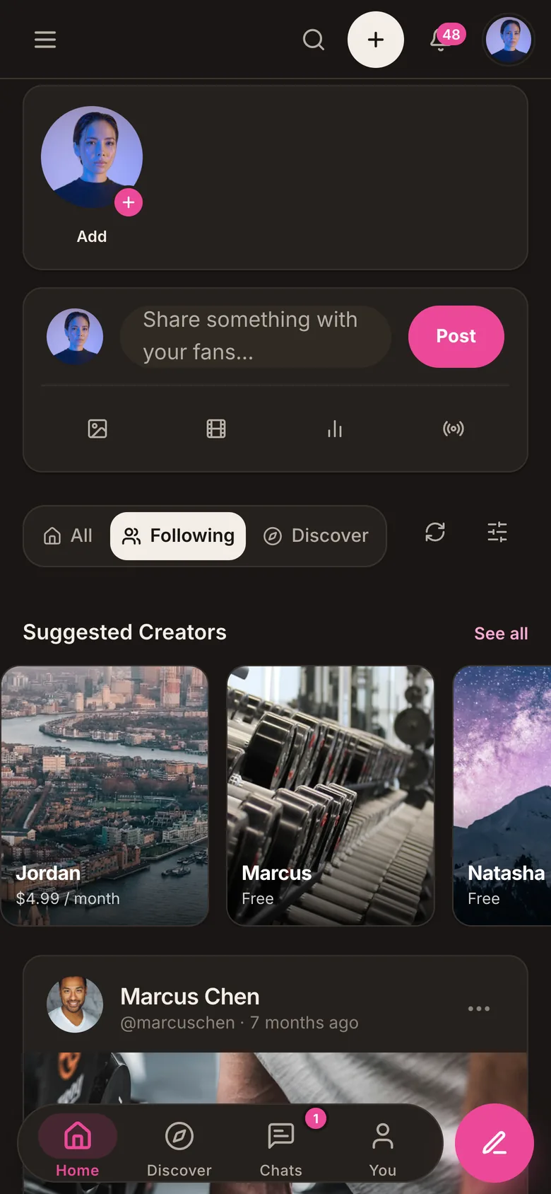 Patreon clone home feed on mobile in dark mode