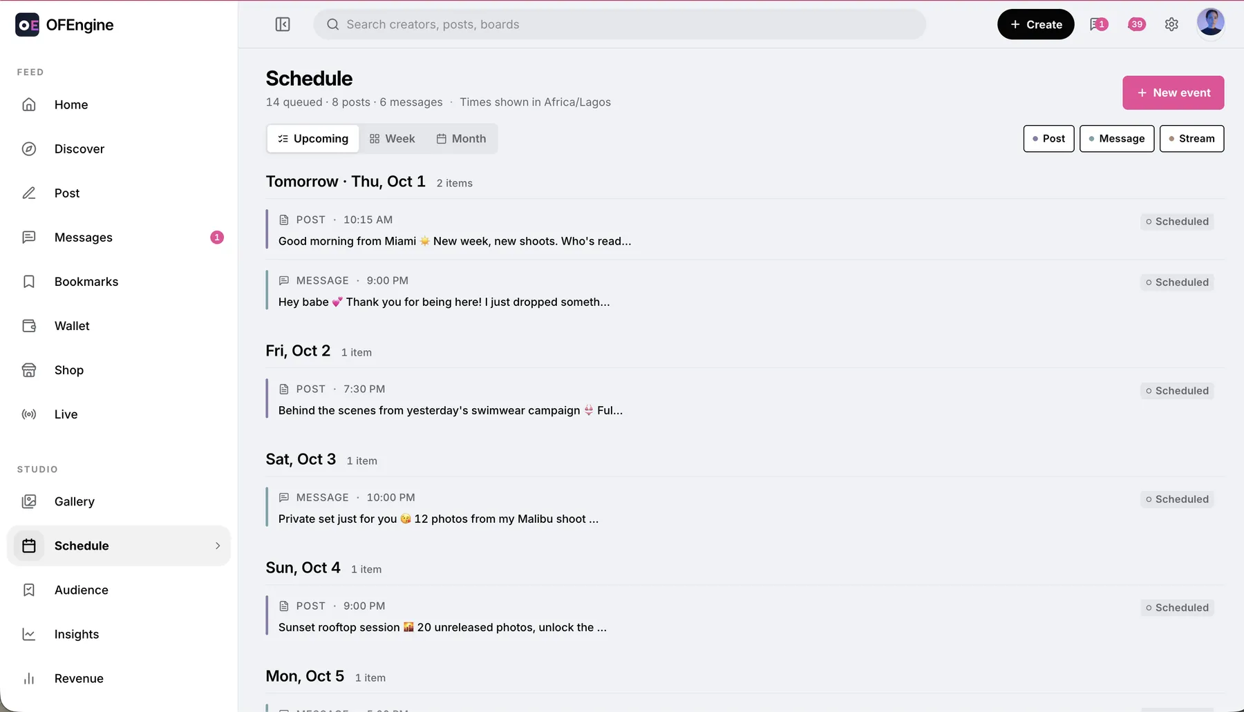 Post and message scheduler for creators