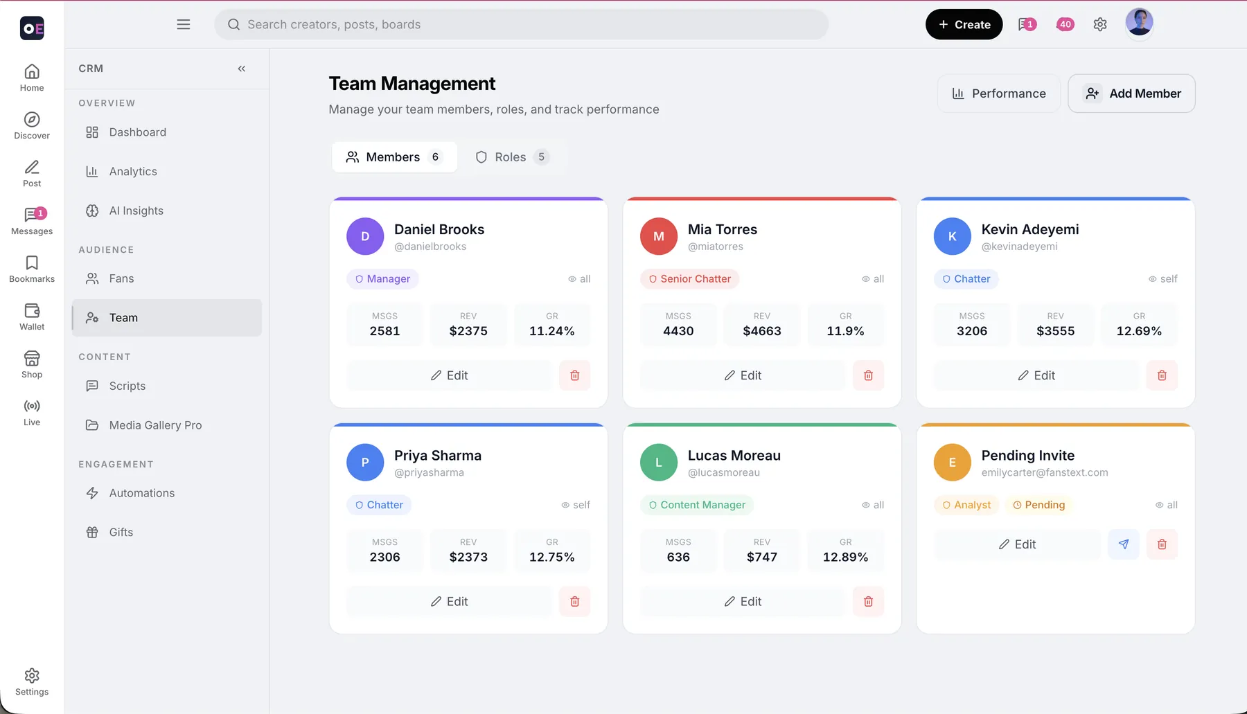 Team management with member roles and stats