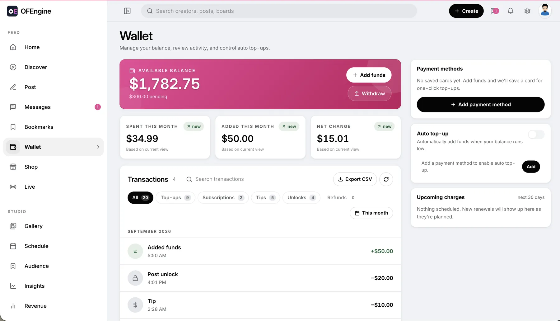 Creator wallet with balance, transactions and payouts
