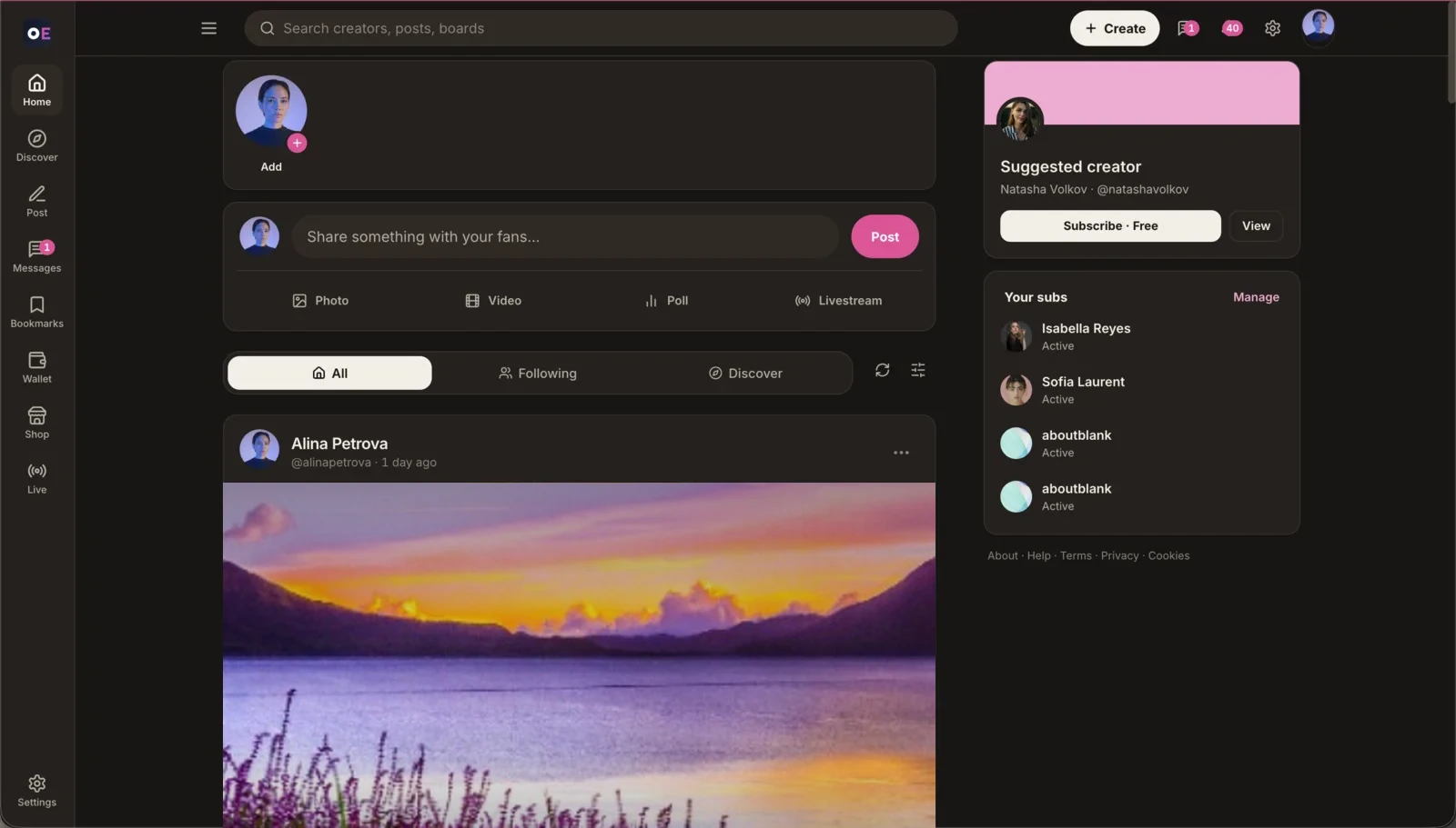 OFEngine: home feed (desktop, dark mode)