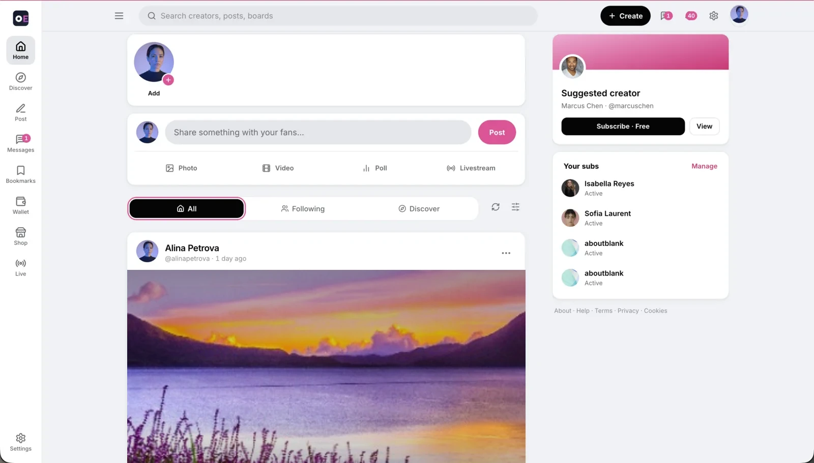 OFEngine: home feed (desktop, light mode)