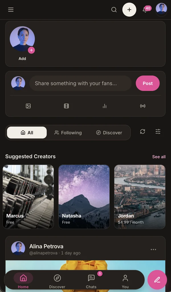 OFEngine: home feed (mobile, dark mode)