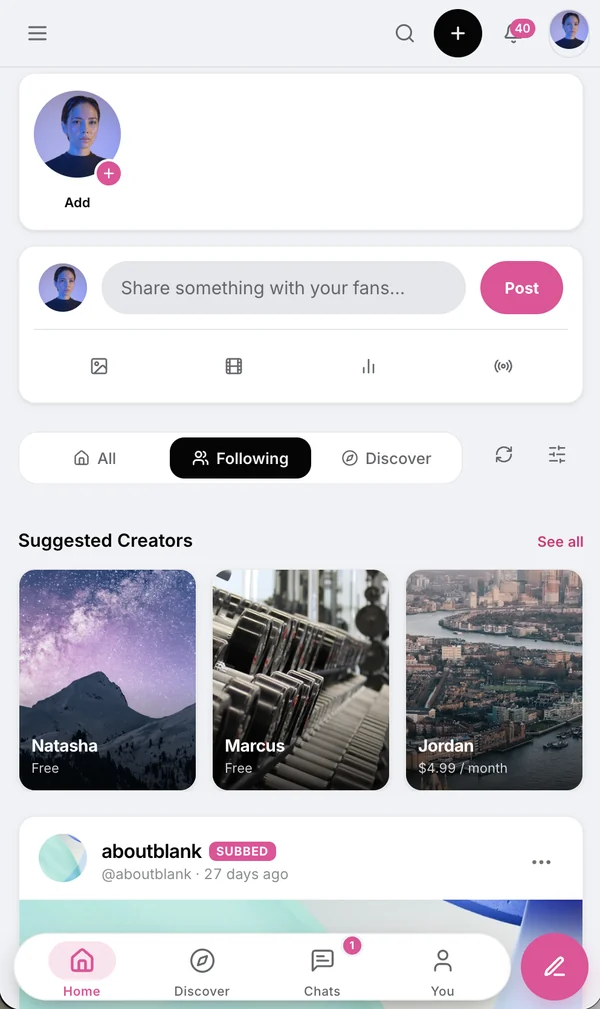OFEngine: home feed (mobile, light mode)