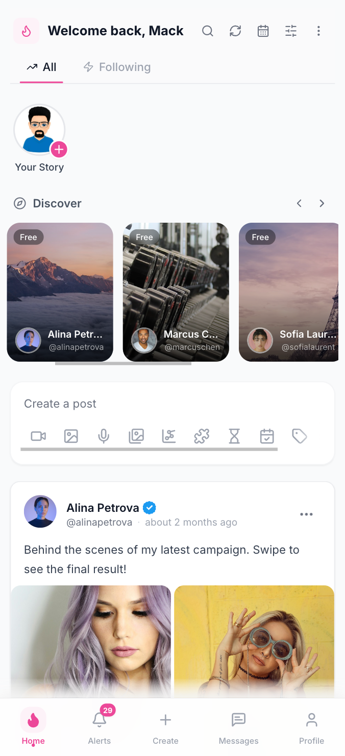 OfEngine: home feed (mobile)